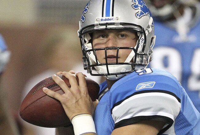 DETROIT, MI - SEPTEMBER 18: Matt Stafford #9 of the Detroit Lions warms up prior to the start of the game against the Kansas City Chiefs at Ford Field on September 18, 2011 in Detroit, Michigan.  (Photo by Leon Halip/Getty Images)