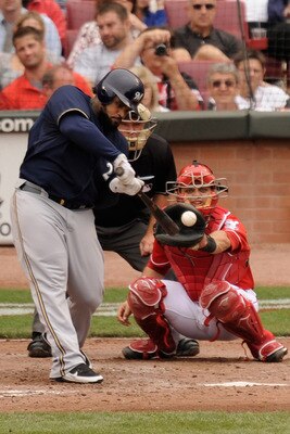 CINCINNATI, OH - SEPTEMBER 18:  Prince Fielder #28 of the Milwaukee Brewers bats against the Cincinnati Reds at Great American Ball Park on September 18, 2011 in Cincinnati, Ohio. Fielder had one of the Brewers three home runs in an 8-1 victory.  (Photo b