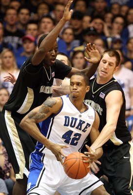 DURHAM, NC - JANUARY 17:  Lance Thomas #42 of the Duke Blue Devils loses the ball during the game against the Wake Forest Demon Deacons on January 17, 2010 in Durham, North Carolina.  (Photo by Streeter Lecka/Getty Images)