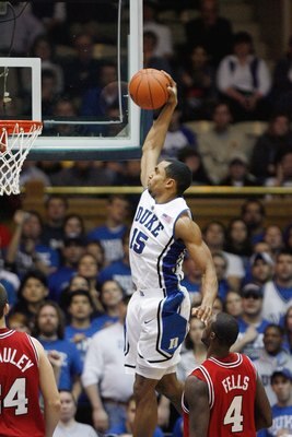 DURHAM, NC - JANUARY 20:  Gerald Henderson #15 of the Duke Blue Devils makes a dunk against the North Carolina State Wolfpack during the game on January 20, 2009 at Cameron Indoor Stadium in Durham, North Carolina.  (Photo by Kevin C. Cox/Getty Images)