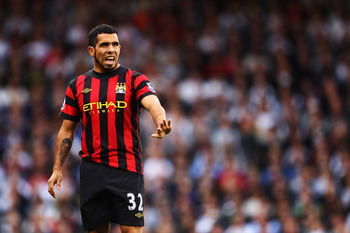 LONDON, ENGLAND - SEPTEMBER 18:  Carlos Tevez of Manchester City is seen during the Barclays Premier League match between Fulham and Manchester City at Craven Cottage on September 18, 2011 in London, England.  (Photo by Julian Finney/Getty Images)