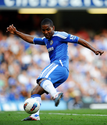 LONDON, ENGLAND - AUGUST 20:  Florent Malouda of Chelsea takes a shot on goal during the Barclays Premier League match between Chelsea and West Bromwich Albion at Stamford Bridge on August 20, 2011 in London, England.  (Photo by Laurence Griffiths/Getty I