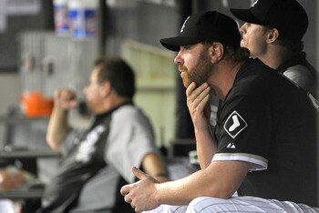 CHICAGO, IL - AUGUST 29:  Adam Dunn #32 of the Chicago White Sox sits in the dugout during the ninth inning against the Minnesota Twins at U.S. Cellular Field on August 29, 2011 in Chicago, Illinois.  (Photo by Brian Kersey/Getty Images)