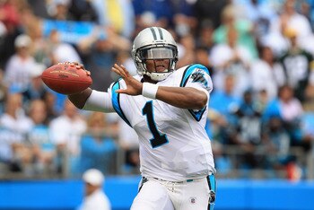 CHARLOTTE, NC - SEPTEMBER 18:  Cam Newton #1 against the Green Bay Packers during their game at Bank of America Stadium on September 18, 2011 in Charlotte, North Carolina.  (Photo by Streeter Lecka/Getty Images)