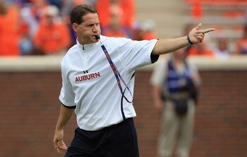 CLEMSON, SC - SEPTEMBER 17:  Head coach Gene Chizik yells to his team during their game against the Clemson Tigers at Memorial Stadium on September 17, 2011 in Clemson, South Carolina.  (Photo by Streeter Lecka/Getty Images)