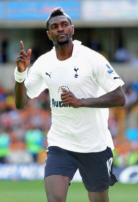 WOLVERHAMPTON, ENGLAND - SEPTEMBER 10:  Emmanuel Adebayor of Tottenham Hotspur celebrates his goal during the Barclays Premier League match between Wolverhampton Wanderers and Tottenham Hotspur at Molineux on September 10, 2011 in Wolverhampton, England.