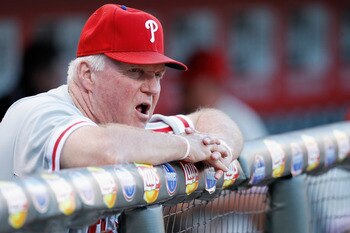 CINCINNATI, OH - AUGUST 29: Philadelphia Phillies manager Charlie Manuel looks on during the game against the Cincinnati Reds at Great American Ball Park on August 29, 2011 in Cincinnati, Ohio. (Photo by Joe Robbins/Getty Images)