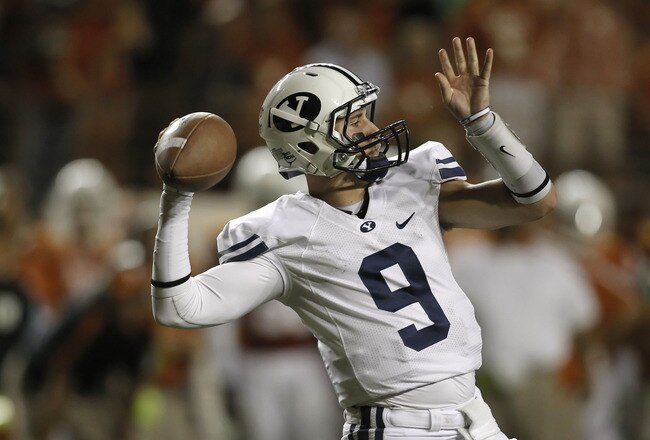 AUSTIN, TX - SEPTEMBER 10:  Quarterback Jake Heaps #9 of the BYU Cougars throws a long pass against the Texas Longhorns on September 10, 2011 at Darrell K. Royal-Texas Memorial Stadium in Austin, Texas.  Texas defeated BYU 17-16. (Photo by Erich Schlegel/