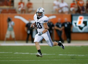 AUSTIN, TX - SEPTEMBER 10:  Running back J.J. Di Luigi #10 of the BYU Cougars runs against the Texas Longhorns on September 10, 2011 at Darrell K. Royal-Texas Memorial Stadium in Austin, Texas.  Texas defeated BYU 17-16. (Photo by Erich Schlegel/Getty Ima