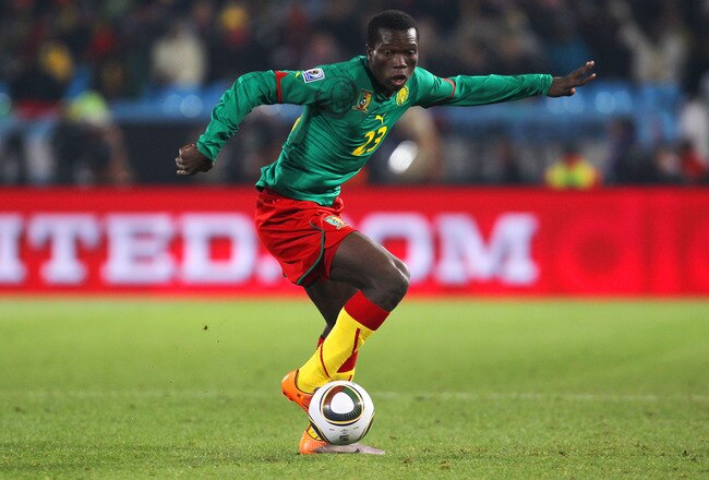 PRETORIA, SOUTH AFRICA - JUNE 19:  Vincent Aboubakar of Cameroon runs with the ball during the 2010 FIFA World Cup South Africa Group E match between Cameroon and Denmark at Loftus Versfeld Stadium on June 19, 2010 in Tshwane/Pretoria, South Africa.  (Pho