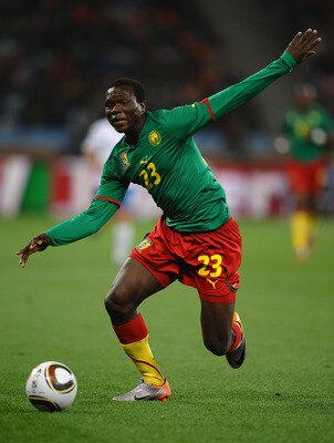 CAPE TOWN, SOUTH AFRICA - JUNE 24:  Vincent Aboubakar of Cameroon runs with the ball during the 2010 FIFA World Cup South Africa Group E match between Cameroon and Netherlands at Green Point Stadium on June 24, 2010 in Cape Town, South Africa.  (Photo by