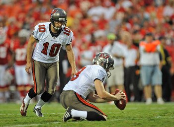 KANSAS CITY, MO - AUGUST 12:  Kicker Connor Barth #10 of the Tampa Bay Buccaneers in action during a game against the Kansas City Chiefs on August 12, 2011 at Arrowhead Stadium in Kansas City, Missouri.  (Photo by Peter Aiken/Getty Images)