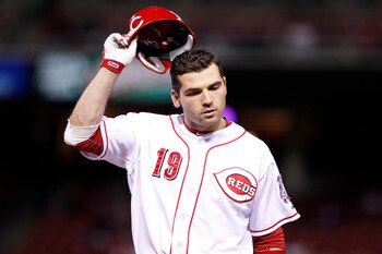 CINCINNATI, OH - SEPTEMBER 15: Joey Votto #19 of the Cincinnati Reds reacts after flying out to end the third inning during the game against the Chicago Cubs at Great American Ball Park on September 15, 2011 in Cincinnati, Ohio. (Photo by Joe Robbins/Gett