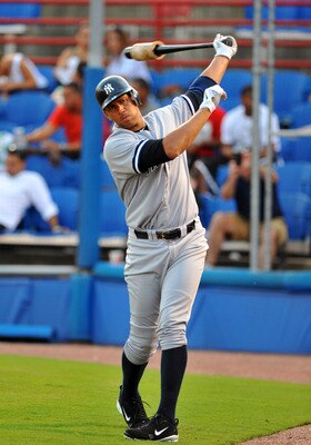 DUNEDIN, FL - AUGUST 12:  Designated hitter Alex Rodriguez of the Tampa Yankees sets to bat in the fifth inning against the Dunedin Blue Jays  August 12, 2011 at Florida Auto Exchange Stadium in Dunedin, Florida. Rodriguez played during a rehabilitation a