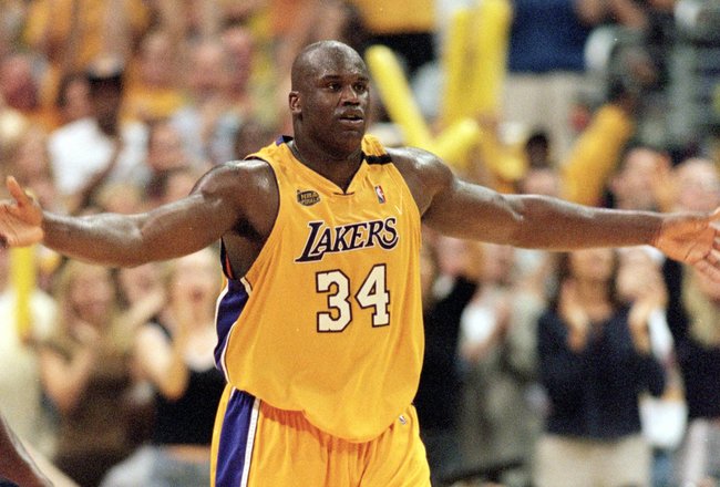 19 Jun 2000:  Shaquille O''Neal #34 of the Los Angeles Lakers celebrates on the court during the NBA Finals Game 6 against the Indiana Pacers at the Staples Center in Los Angeles, California.  The Lakers defeated the Pacers in 116-111.    NOTE TO USER: It