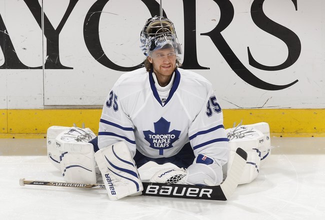 SUNRISE, FL - JANUARY 23: Goaltender Vesa Toskala #35 of the Toronto Maple Leafs stretches prior to the game against the Florida Panthers on January 23, 2010 at the BankAtlantic Center in Sunrise, Florida. The Panthers defeated the Maple Leafs 2-0. (Photo