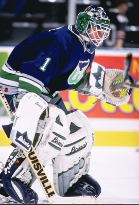 13 Feb 1997:  Goaltender Sean Burke of the Hartford Whalers looks on during a game against the New Jersey Devils at the Continental Airlines Arena in East Rutherford, New Jersey.  The Devils won the game, 4-0. Mandatory Credit: Al Bello  /Allsport