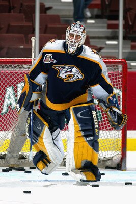 ANAHEIM, CA - NOVEMBER 6:  Goaltender Mike Dunham #1 of the Nashville Predators skates out from the net after taking practice during warmups before the game against the Anaheim Mighty Ducks on November 6, 2002 at the Pond in Anaheim, California.  The Duck