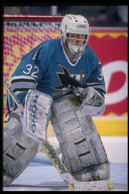 17 Apr 1995: Goaltender Arturs Irbe of the San Jose Sharks looks on during a game against the Anaheim Mighty Ducks at Arrowhead Pond in Anaheim, California. The Ducks won the game, 3-0.