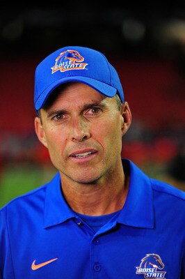 ATLANTA - SEPTEMBER 3: Head Coach Chris Petersen of the Boise State Broncos is interviewed after the game against the Georgia Bulldogs during the Chick-Fil-A Kickoff Game at the Georgia Dome on September 3, 2011 in Atlanta, Georgia. Photo by Scott Cunning