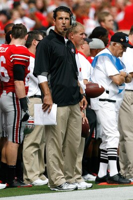COLUMBUS, OH - SEPTEMBER 10:  Head Coach Luke Fickell of the Ohio State Buckeyes watches a replay as his team takes on the Toledo Rockets on September 10, 2011 at Ohio Stadium in Columbus, Ohio. Ohio State defeated Toledo 27-22. (Photo by Kirk Irwin/Getty