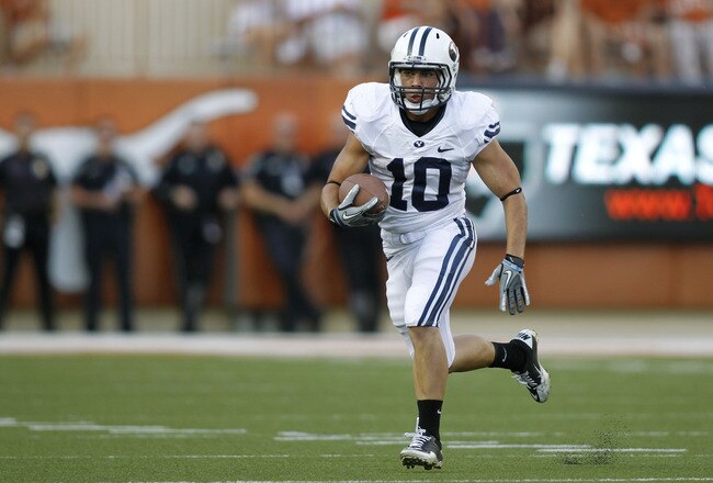 AUSTIN, TX - SEPTEMBER 10:  Running back J.J. Di Luigi #10 of the BYU Cougars runs against the Texas Longhorns on September 10, 2011 at Darrell K. Royal-Texas Memorial Stadium in Austin, Texas.  Texas defeated BYU 17-16. (Photo by Erich Schlegel/Getty Ima