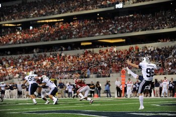 ARLINGTON, TX - SEPTEMBER 05:  Punter Riley Stephenson #99 of the Brigham Young Cougars at Cowboys Stadium on September 5, 2009 in Arlington, Texas.  (Photo by Ronald Martinez/Getty Images)