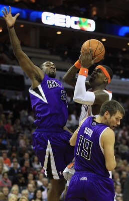 CHARLOTTE, NC - FEBRUARY 25:  Teammates Donte Greene #20 and Beno Udrih #19 of the Sacramento Kings try to stop Stephen Jackson #1 of the Charlotte Bobcats during their game at Time Warner Cable Arena on February 25, 2011 in Charlotte, North Carolina. NOT