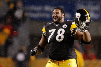 PITTSBURGH - JANUARY 18:  Offensive tackle Max Starks #78 of the Pittsburgh Steelers celebrates after defeating the Baltimore Ravens 23-14 during the AFC championship game on January 18, 2009 at Heinz Field in Pittsburgh, Pennsylvania.  (Photo by Gregory