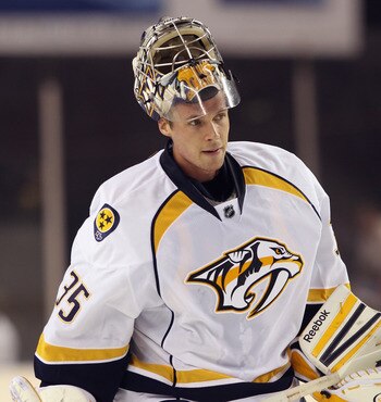 BALTIMORE, MD - SEPTEMBER 20: Pekka Rinne #35 of the Nashville Predators skates against the Washington Capitals at the 1st Mariner Arena on September 20, 2011 in Baltimore, Maryland. The Predators defeated the Capitals 2-0.  (Photo by Bruce Bennett/Getty