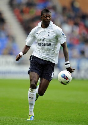 WIGAN, ENGLAND - SEPTEMBER 24:  Emmanuel Adebayor of Tottenham Hotspur in action during the Barclays Premier League match between Wigan Athletic and Tottenham Hotspur at DW Stadium on September 24, 2011 in Wigan, England.  (Photo by Chris Brunskill/Getty