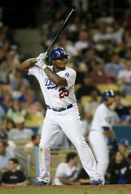 LOS ANGELES, CA - JULY 12:  Andruw Jones #25 of the Los Angeles Dodgers bats against the Florida Marlins on July 12, 2008 at Dodger Stadiium in Los Angeles, California. The Marlins won 5-3 in 11 innings.  (Photo by Stephen Dunn/Getty Images)