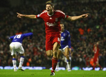 LIVERPOOL, UNITED KINGDOM - JANUARY 19:  Steven Gerrard of Liverpool celebrates scoring the opening goal during the Barclays Premier League match between Liverpool and Everton at Anfield on January 19, 2009 in Liverpool, England.  (Photo by Jamie McDonald