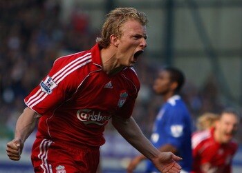 LIVERPOOL, UNITED KINGDOM - OCTOBER 20:  Dirk Kuyt of Liverpool celebrates scoring  the first goal from the penalty spot  during the Barclays Premier League match between Everton and Liverpool  at Goodison Park on October 20, 2007 in Liverpool, England.