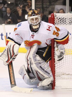 DALLAS, TX - MARCH 09:  Goaltender Miikka Kiprusoff #34 of the Calgary Flames at American Airlines Center on March 9, 2011 in Dallas, Texas.  (Photo by Ronald Martinez/Getty Images)