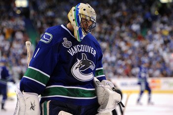 VANCOUVER, BC - JUNE 15:  Roberto Luongo #1 of the Vancouver Canucks looks on during Game Seven against the Boston Bruins in the 2011 NHL Stanley Cup Final at Rogers Arena on June 15, 2011 in Vancouver, British Columbia, Canada.  (Photo by Harry How/Getty