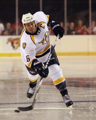 BALTIMORE, MD - SEPTEMBER 20: Shea Weber #6 of the Nashville Predators skates against the Washington Capitals at the 1st Mariner Arena on September 20, 2011 in Baltimore, Maryland. The Predators defeated the Capitals 2-0.  (Photo by Bruce Bennett/Getty Im