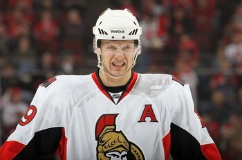 NEWARK, NJ - MARCH 08:  Jason Spezza #19 of the Ottawa Senators skates against the New Jersey Devils at the Prudential Center on March 8, 2011 in Newark, New Jersey.  (Photo by Jim McIsaac/Getty Images)