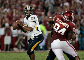 NORMAN, OK - SEPTEMBER 24:  Quarterback James Franklin #1 of the Missouri Tigers looks to throw against the Oklahoma Sooners on September 24, 2011 at Gaylord Family-Oklahoma Memorial Stadium in Norman, Oklahoma.  Oklahoma defeated Missouri 38-28.  (Photo 