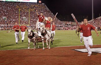 NORMAN, OK - SEPTEMBER 24:  The Sooner Schooner celebrates a Oklahoma Sooner touchdown against the Missouri Tigers on September 24, 2011 at Gaylord Family-Oklahoma Memorial Stadium in Norman, Oklahoma.  Oklahoma defeated Missouri 34-14.  (Photo by Brett D