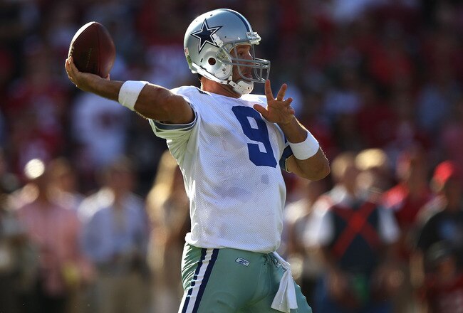 SAN FRANCISCO, CA - SEPTEMBER 18:   Tony Romo #9 of the Dallas Cowboys throws a 77 yard pass in overtime against the San Francisco 49ers at Candlestick Park on September 18, 2011 in San Francisco, California.  (Photo by Jed Jacobsohn/Getty Images)