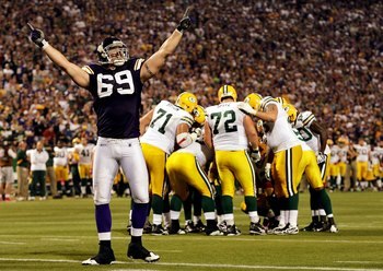 MINNEAPOLIS - OCTOBER 05:  Defensive end Jared Allen #69 of the Minnesota Vikings pumps up the crowd during the Monday Night Football game against the Green Bay Packers on October 5, 2009 at Hubert H. Humphrey Metrodome in Minneapolis, Minnesota.  (Photo