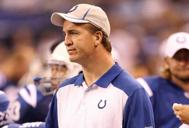 INDIANAPOLIS, IN - AUGUST 19: Peyton Manning of the Indianapolis Colts watches the action during the game against the Washington Redskins at Lucas Oil Stadium on August 19, 2011 in Indianapolis, Indiana.  (Photo by Andy Lyons/Getty Images)