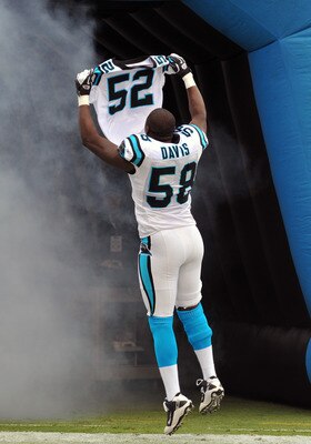 CHARLOTTE, NC - SEPTEMBER 18:  Linebacker Thomas Davis #58 of the Carolina Panthers takes the field for play against the Green Bay Packers  September 18, 2011 at Bank of America Stadium in Charlotte, North Carolina.  (Photo by Al Messerschmidt/Getty Image