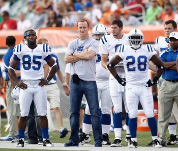 CINCINNATI, OH - SEPTEMBER 1: Indianapolis Colts injured quarterback Peyton Manning looks on from the sideline during the first half of an NFL preseason game against the Cincinnati Bengals at Paul Brown Stadium on September 1, 2011 in Cincinnati, Ohio. (P