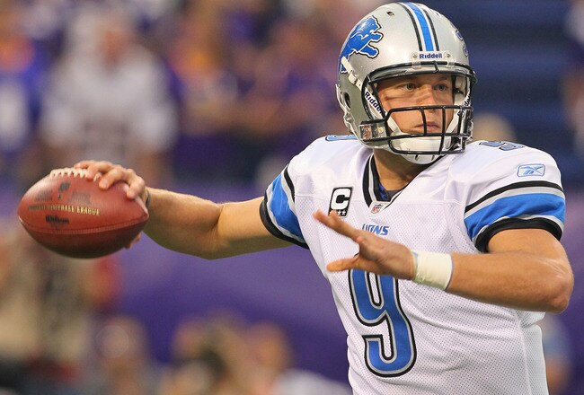 MINNEAPOLIS, MN - SEPTEMBER 25:  Matthew Stafford #9 of the Detroit Lions looks to pass against the Minnesota Vikings at the Hubert H. Humphrey Metrodome on September 25, 2011 in Minneapolis, Minnesota.  (Photo by Adam Bettcher /Getty Images)