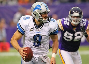 MINNEAPOLIS, MN - SEPTEMBER 25:  Matthew Stafford #9 of the Detroit Lions is chased by Chad Greenway #52 of the Minnesota Vikings in the third quarter at the Hubert H. Humphrey Metrodome on September 25, 2011 in Minneapolis, Minnesota.  (Photo by Adam Bet