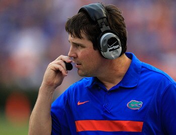 GAINESVILLE, FL - SEPTEMBER 17:  Florida Gators head coach Will Muschamp watches the action during the game against the Tennessee Volunteers at Ben Hill Griffin Stadium on September 17, 2011 in Gainesville, Florida.  (Photo by Sam Greenwood/Getty Images)