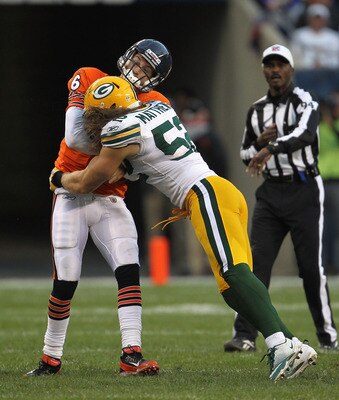 CHICAGO, IL - SEPTEMBER 25:  Clay Matthews #52 of the Green Bay Packers hits Jay Cutler #6 of the Chicago Bears after a pass at Soldier Field on September 25, 2011 in Chicago, Illinois. The Packers defeated the Bears 27-17.  (Photo by Jonathan Daniel/Gett