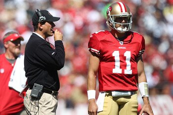 Harbaugh Discussing the Offensive Gameplan with Alex Smith